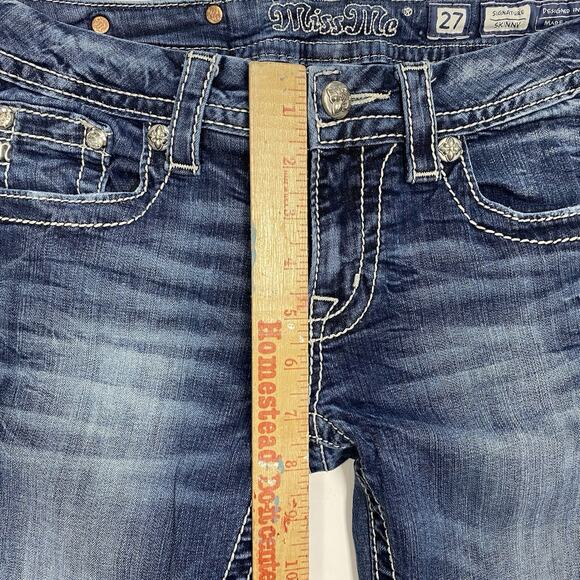 Miss Me Jeans 27x30 Signature Skinny Blue Denim Embellished Flap Pocket Aztec - Picture 9 of 11